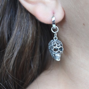 Sugar Skull Hoop Earrings, Skull huggie hoops, Day of the dead earrings, Mexican holiday, Skull Jewelry, Sterling Silver Hoops, Gothic Hoops