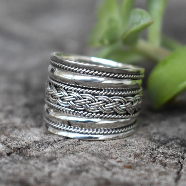 Wide Celtic Ring, Wide Thumb Ring, Boho Ring, Wide Ring Band, Sterling Silver wide band, Cigar Band, Silver Braided Ring, Rope rings