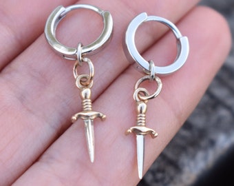 Dagger Huggie Hoop, Huggie Earrings, Sword Earrings, Dagger Earrings, Dagger hoop, ace of swords, mens earring, dangle earrings, mens hoop