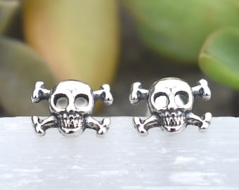 Skull earrings, Skull stud earrings, Skeleton studs, Skull jewelry, sterling silver skull, skull and crossbones, halloween earrings, witchy