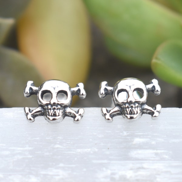 Skull earrings, Skull stud earrings, Skeleton studs, Skull jewelry, sterling silver skull, skull and crossbones, halloween earrings, witchy