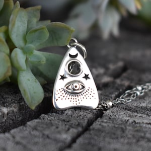 Planchette necklace, sterling silver Ouija necklace, seance, spirit, planchette charm, fortune teller, mysticism, all seeing eye pendant