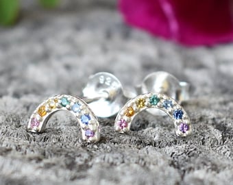 Tiny Rainbow Studs, Little Rainbow Earrings, Sterling Multi Color Stone Earrings, rainbow posts, rainbow earrings, kawaii rainbow,