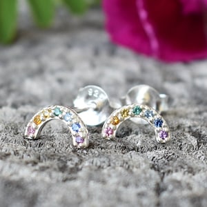Tiny Rainbow Studs, Little Rainbow Earrings, Sterling Multi Color Stone Earrings, rainbow posts, rainbow earrings, kawaii rainbow,
