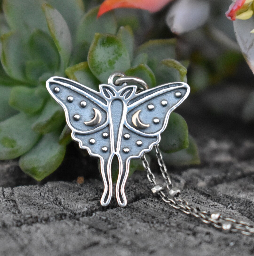 Luna moth necklace, moth jewelry, sterling silver luna moth, moon and star, wiccan jewelry, pagan jewelry, moth medicine, moth animal spirit