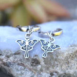 Luna Moth Huggie Hoop, Huggie Earrings, Silver Huggie Hoop Earrings, tiny Hoop Earring, Cottagecore hoops, Moth earrings, Dangle Earrings