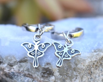 Luna Moth Huggie Hoop, Huggie Earrings, Silver Huggie Hoop Earrings, tiny Hoop Earring, Cottagecore hoops, Moth earrings, Dangle Earrings