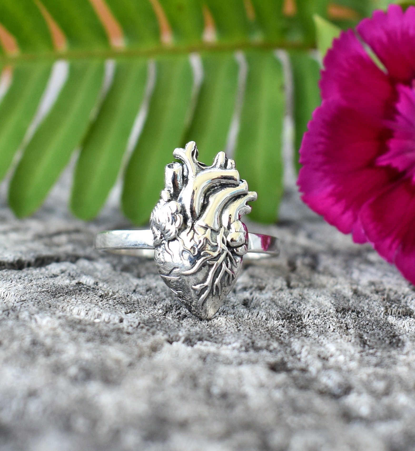 Anatomical Heart Ring, Sterling Silver Heart, Realistic Heart
