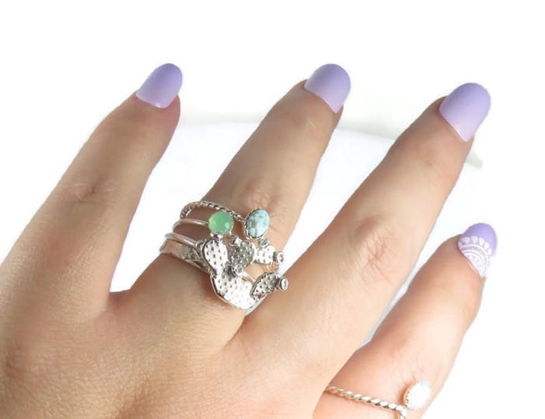 Prickly Pear Rings Turquoise Rings sterling silver rings Cactus Rings boho Cacti ring set Silver Cactus rings silver stacking rings