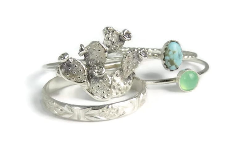 Prickly Pear Rings Turquoise Rings sterling silver rings Cactus Rings boho Cacti ring set Silver Cactus rings silver stacking rings