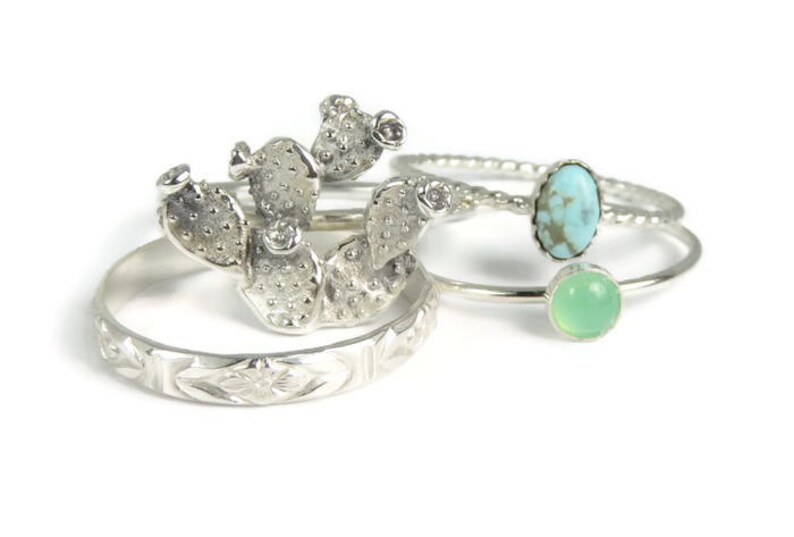 Prickly Pear Rings Turquoise Rings sterling silver rings Cactus Rings boho Cacti ring set Silver Cactus rings silver stacking rings
