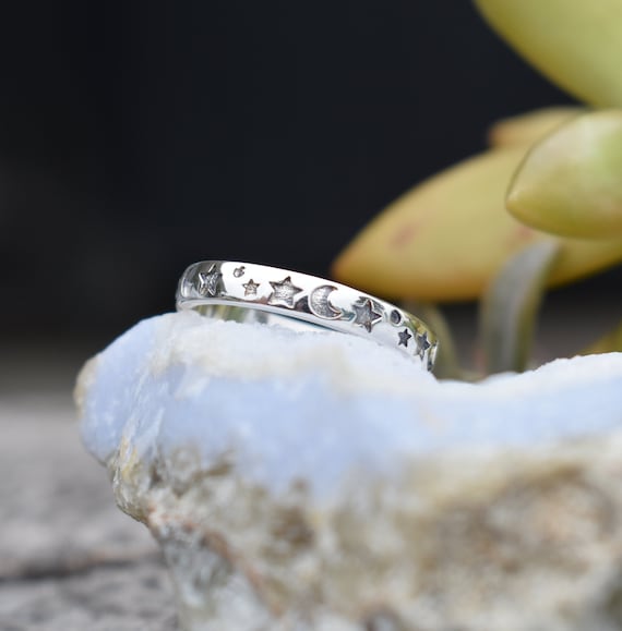 Moon and Star Ring, Crescent Moon Ring, Stars Ring, Celestial Ring