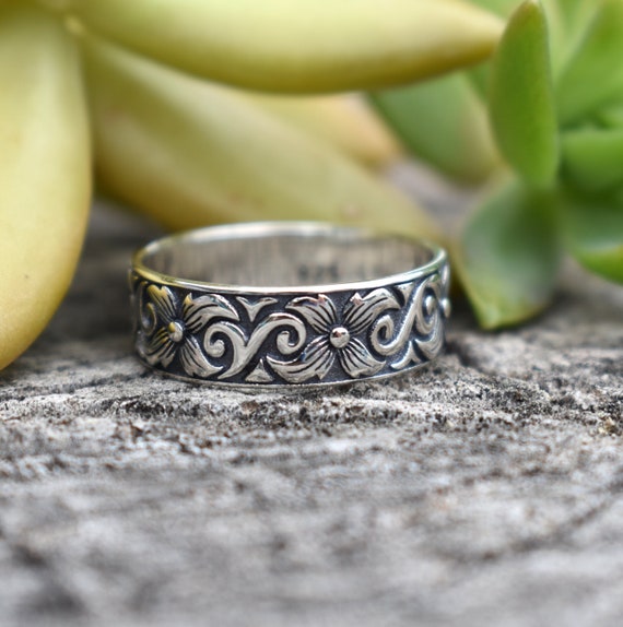 Wide Art Nouveau ring, Flower ring, Boho Ring, Floral ring, Silver ring, silver stacking ring, thumb ring, sterling silver, boho, festival