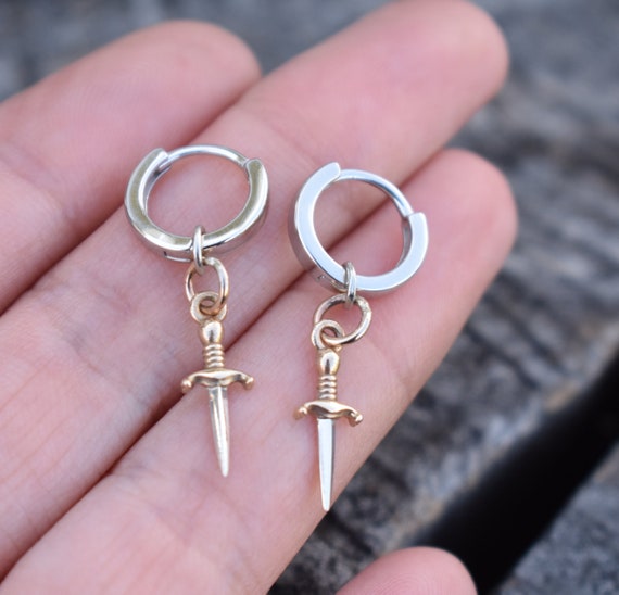 Dagger Huggie Hoop, Huggie Earrings, Sword Earrings, Dagger Earrings, Dagger hoop, ace of swords, mens earring, dangle earrings, mens hoop