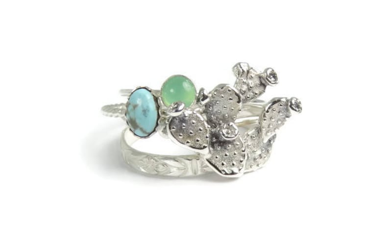 Prickly Pear Rings Turquoise Rings sterling silver rings Cactus Rings boho Cacti ring set Silver Cactus rings silver stacking rings