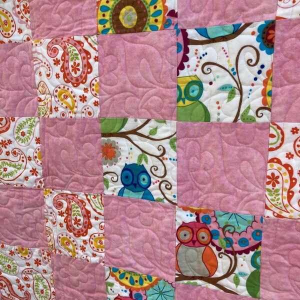 Pink Baby Throw Quilt with Owls, Blanket for Baby Girl, Handmade Cotton Flannel Quilt, Ready to Ship