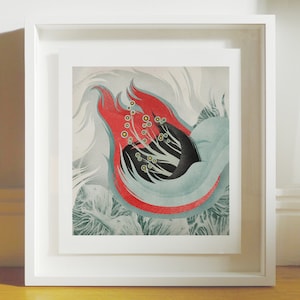 May include: A framed abstract art print featuring a stylised flower with red, blue, and black petals. The flower is surrounded by a white background and has a textured, watercolour-like appearance.