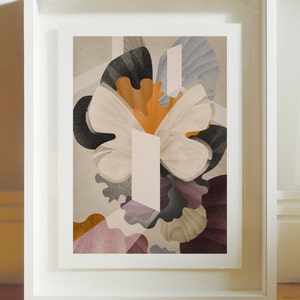 May include: Abstract art print featuring a white butterfly with orange and brown accents, set against a background of grey, brown, and purple shapes.