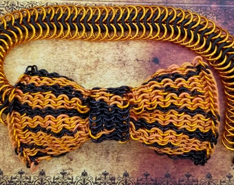 Chainmail Bow Tie - Orange & Black Irregular Stripe Pattern