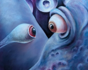 Gevestigd - groot origineel olieverfschilderij van 40 x 90 cm - surrealistische oceaankunst