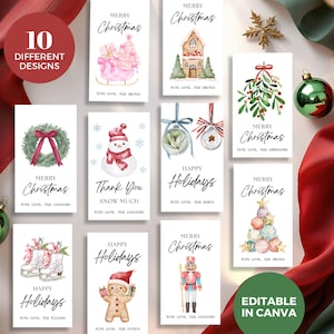 Editable Christmas Gift Tags, Ten Printable Holiday Bundle, DIY Canva Template, Watercolor Xmas Favors, Present Labels, Instant Download