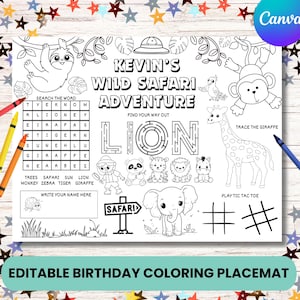 Mantel individual editable para colorear de cumpleaños de safari, actividad de fiesta de animales de la selva para niños, recuerdos imprimibles de fiesta de safari, temática "Salvaje Uno Dos Salvaje"