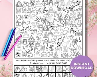 Printable I Spy Wedding Activity and Coloring Page, Wedding Coloring Page for Kids Fun Activity for Kids at Wedding Bridal Shower Rehearsal