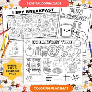 Könnte beinhalten: Drei digitale Ausmalbilder und Aktivitäten zum Thema Frühstück. Enthält ein "Ich sehe was, was du nicht siehst"-Spiel, eine "Fun Breakfast"-Seite mit Toast und Speck, und eine "Breakfast Time"-Tischset. Buntstifte sind enthalten.