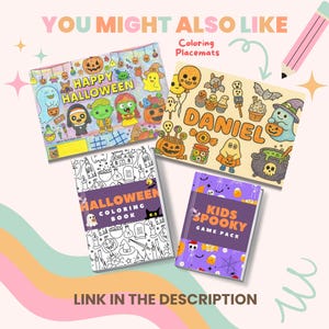May include: A collection of Halloween-themed coloring books and placemats. The image features a variety of designs, including pumpkins, ghosts, and the text "HAPPY HALLOWEEN" and "DANIEL". The coloring books are titled "HALLOWEEN COLORING BOOK" and "KIDS SPOOKY GAME PACK".