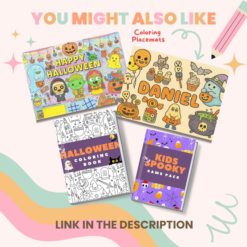 May include: A collection of Halloween-themed coloring books and placemats. The image features a variety of designs, including pumpkins, ghosts, and the text "HAPPY HALLOWEEN" and "DANIEL". The coloring books are titled "HALLOWEEN COLORING BOOK" and "KIDS SPOOKY GAME PACK".