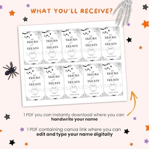 May include: A sheet of printable Halloween-themed gift tags with the text "no tricks just treats". The tags feature a ghost, spiderwebs, and spiders. The image also includes text about downloading and editing the tags.
