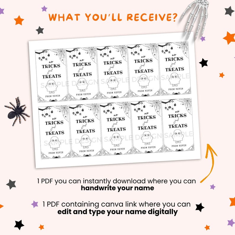 May include: A sheet of printable Halloween-themed gift tags with the text "no tricks just treats". The tags feature a ghost, spiderwebs, and spiders. The image also includes text about downloading and editing the tags.