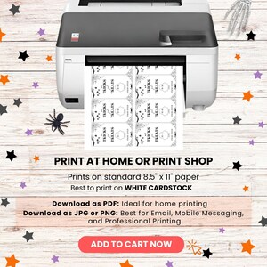 May include: A printer printing Halloween-themed tags with the words "Tricks" and "Treats". The tags feature a ghost design. The image also includes the text "Print at Home or Print Shop" and "Add to Cart Now".