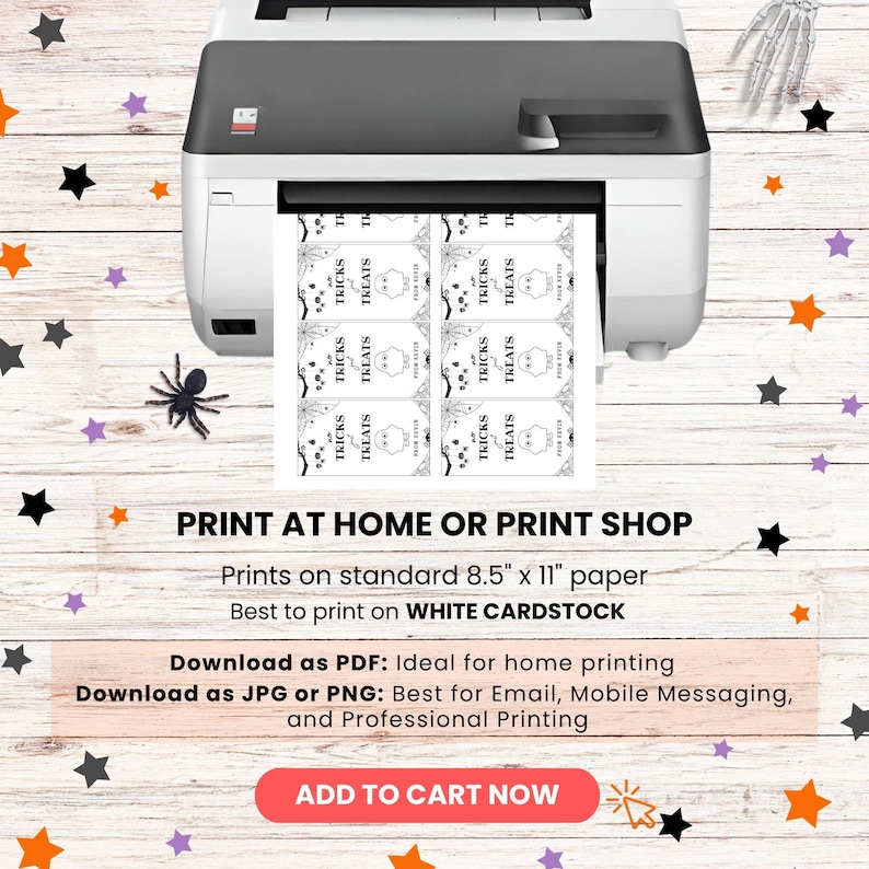 May include: A printer printing Halloween-themed tags with the words "Tricks" and "Treats". The tags feature a ghost design. The image also includes the text "Print at Home or Print Shop" and "Add to Cart Now".