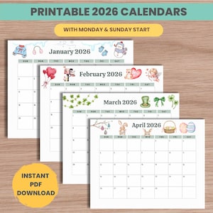 2026 Monthly Calendar Printable, Homeschool Cute Kids Planner, Classroom Wall Calendar, Sunday & Monday Start, Instant Digital PDF Download