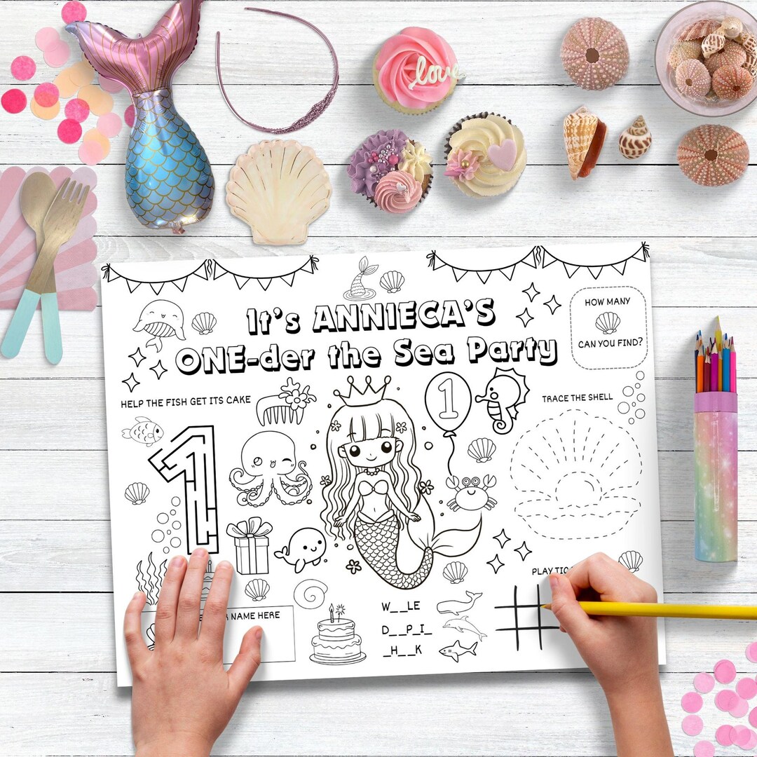 Editable Mermaid Birthday Coloring Placemat, Printable Under the Sea ...