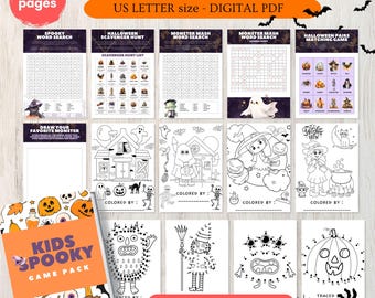 Peut inclure: Un pack d'activités d'Halloween avec plus de 20 pages, comprenant des jeux de recherche de mots, des chasses au trésor et des jeux d'association. Le pack présente des illustrations effrayantes et le texte "KIDS SPOOKY GAME PACK" et "INSTANT DOWNLOAD".
