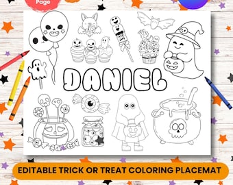 Personalized Halloween Placemat Printable Trick or Treat Coloring Mat Kids Halloween Party Activity Spooky Coloring Sheets Fall Party