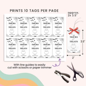 May include: Black and white Halloween gift tags with a ghost graphic and the text "No Tricks Just Treats". Each tag is approximately 2 x 3.5 inches. The sheet prints 10 tags per page.