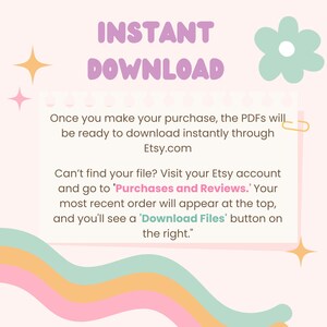 May include: A pastel-colored graphic with the words "INSTANT DOWNLOAD" in purple. The text explains how to download files from Etsy after purchase. Decorative elements include stars, a flower, and a rainbow-colored wave.