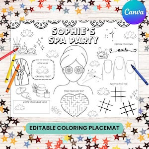 Set de table modifiable à colorier pour fête au spa, jeux de fête au spa pour enfants, activité soirée pyjama pour filles, feuille d&#39;activité imprimable personnalisée pour anniversaire de spa