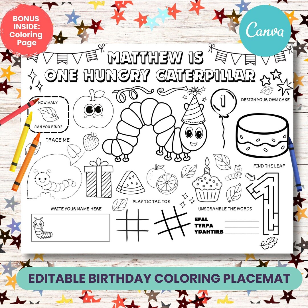 Very Hungry Caterpillar Birthday Coloring Page, Editable Caterpillar ...
