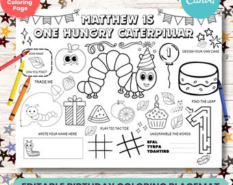 Very Hungry Caterpillar Birthday Coloring Page, Editable Caterpillar Placemat, 1st Birthday Activity Sheet, Hungry Caterpillar Party Favor