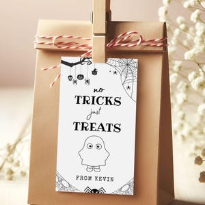 May include: A brown paper gift bag with a tag that reads "no tricks just treats" and a ghost illustration. The tag is held by a wooden clip and red and white twine. The tag also says "from Kevin".