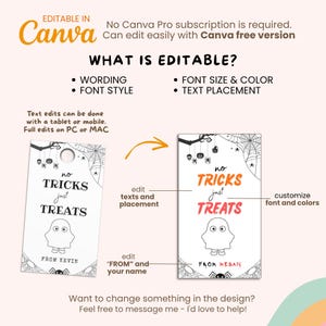 May include: A digital Halloween-themed template with the text "No Tricks Just Treats" and a ghost illustration. The template is editable in Canva, allowing customization of wording, font style, size, color, and text placement.