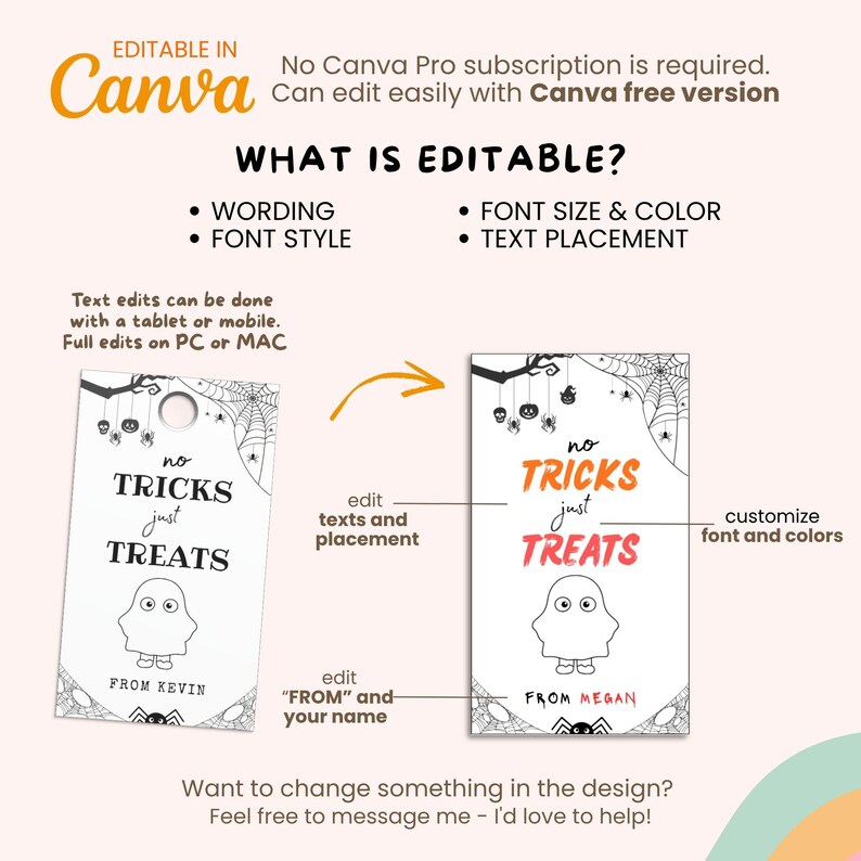 May include: A digital Halloween-themed template with the text "No Tricks Just Treats" and a ghost illustration. The template is editable in Canva, allowing customization of wording, font style, size, color, and text placement.