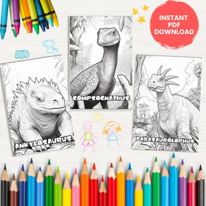 May include: Three black and white dinosaur colouring pages labelled Ankylosaurus, Compsognathus, and Parasaurolophus. A red circle reads "Instant PDF Download". A collection of colourful pencils and crayons are at the bottom of the image.