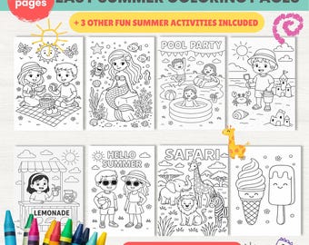 Summer Kids Coloring Pages, Printable Summer Activity Bundle, Instant Download, Homeschool Printable, Pool Party Activity, Summer Party Game