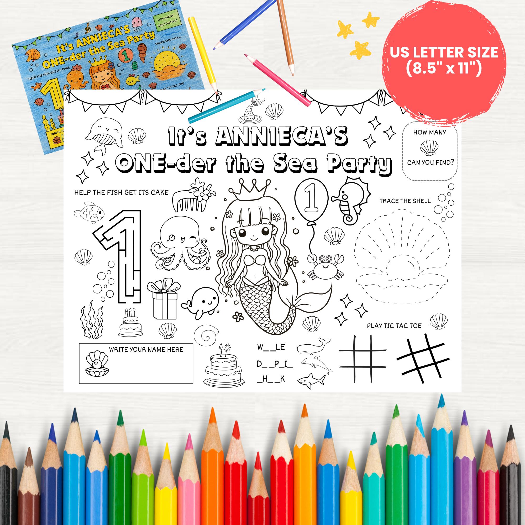 Editable Mermaid Birthday Coloring Placemat, Printable Under the Sea ...