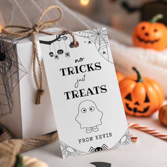 Editable Halloween Gift Tags No Tricks Just Treats Printable Halloween Favor Tag School Halloween Trick or Treat Label Instant Download